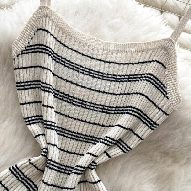 Summer Women Sexy Sleeveless Off Shoulder Sundress Knitted Camisole Dress Metal Star Hit Striped Short Bodycon Wrap Dress
