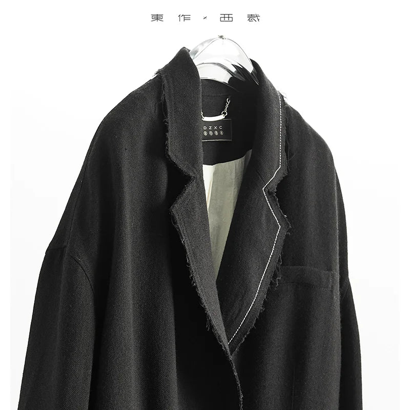Custom Fabric Designer Style~Mysterious Black Blazer, Faux Two-Piece Fringed Oversized Jacket, Women's Casual Loose Top, New Spring 2026 Collection