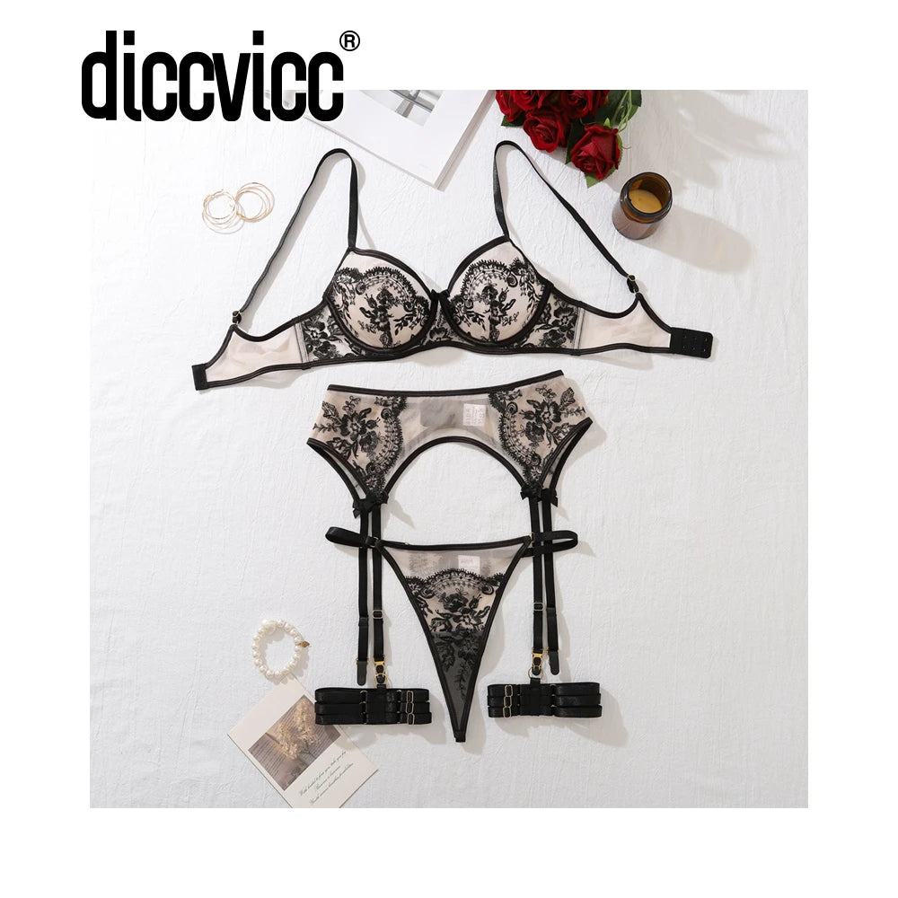 Diccvicc Floral Embroidery Lingerie See Through Lace Garter Underwear Woman Complete Set Extreme Sexy Intimate Kit Erotic Outfit