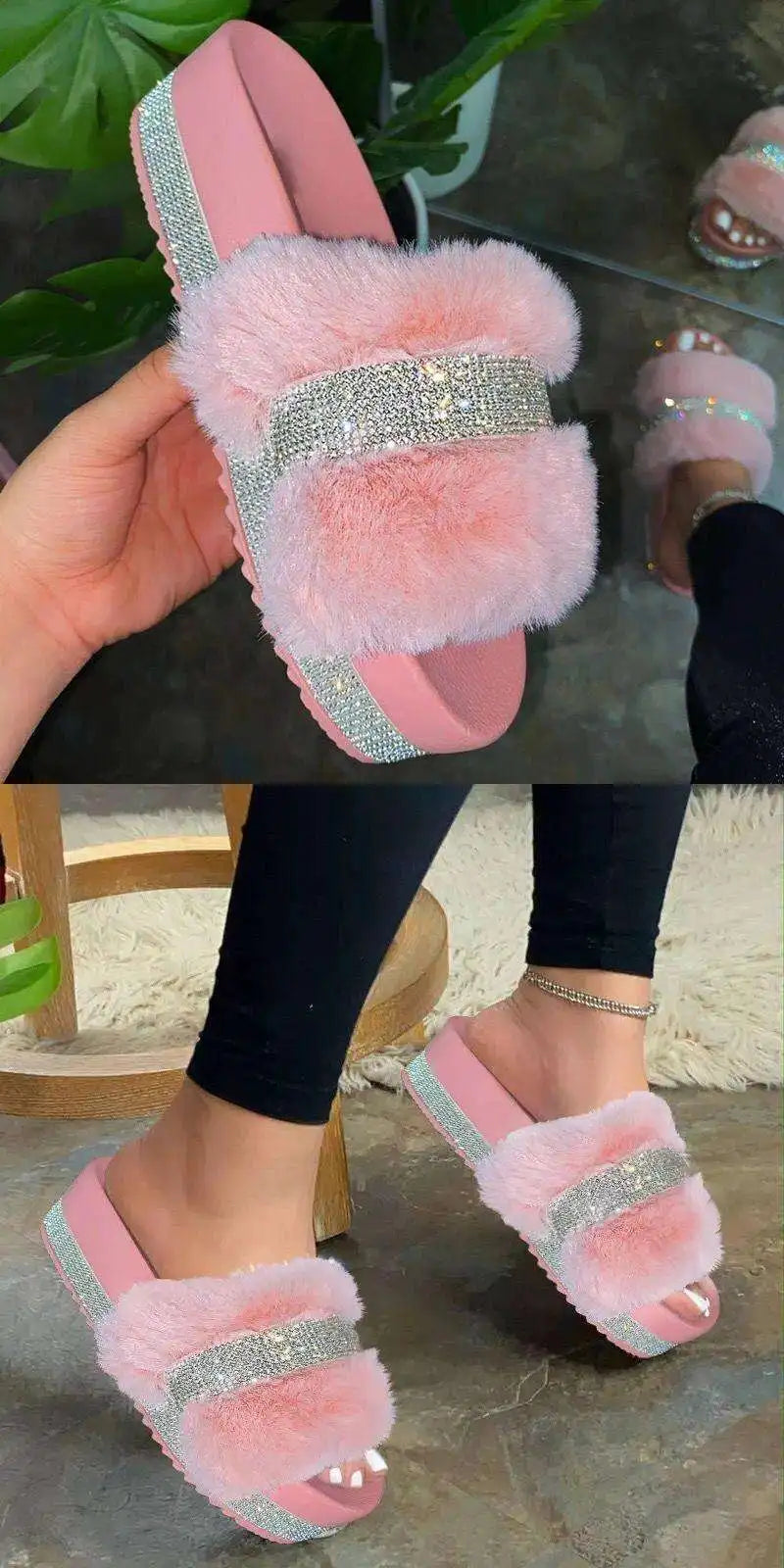 Summer 2020 Women's Flat Bot Platform Slippers Soft Sole Diamond Embellied Fur Strap Slippers Sweet Sle PVC Upper