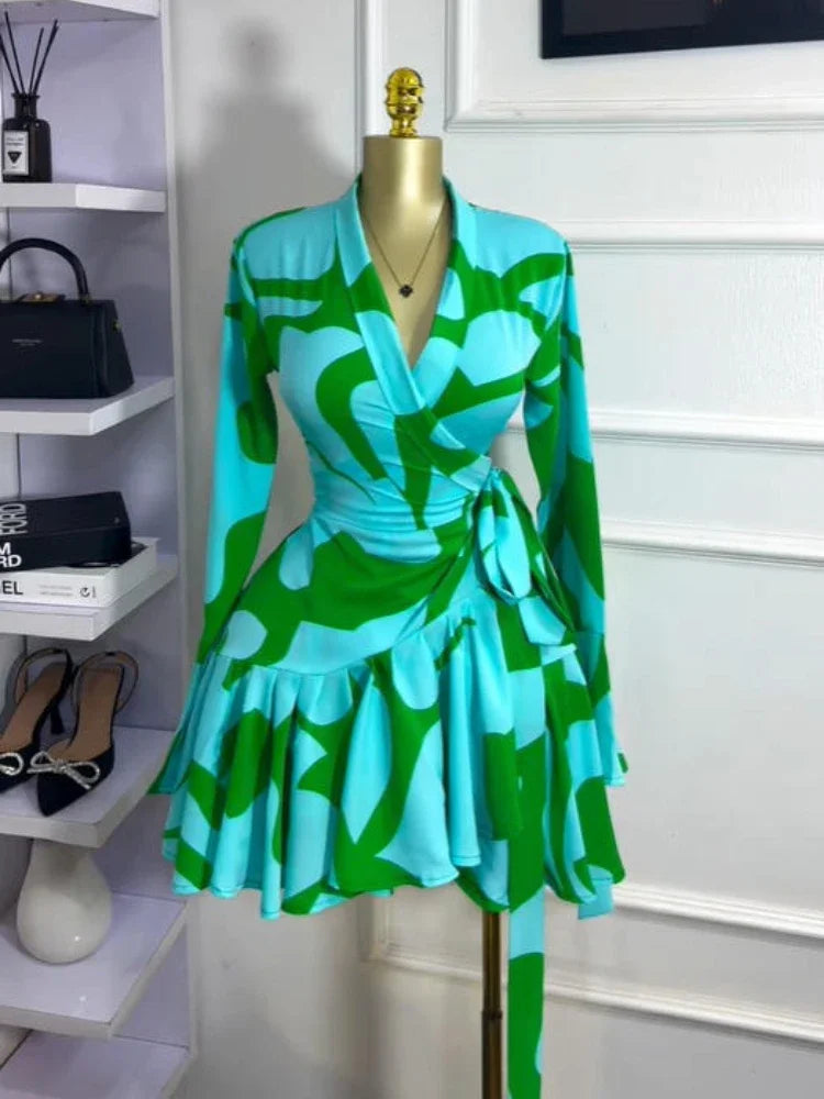 Elegant Women Tie Dye Print Flare Long Sleeve Wrap V-neck with Sashes Ruffle Dress 2026 Elegant Vacation Party Birthday Dresses