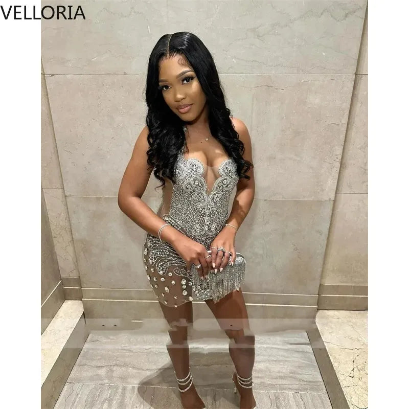 Black Beaded Sequins Deep V Short Dresses Sleeveless Bodycon Cocktail Party Dress Women Sexy Club Wear Birthday Vestidos Custom