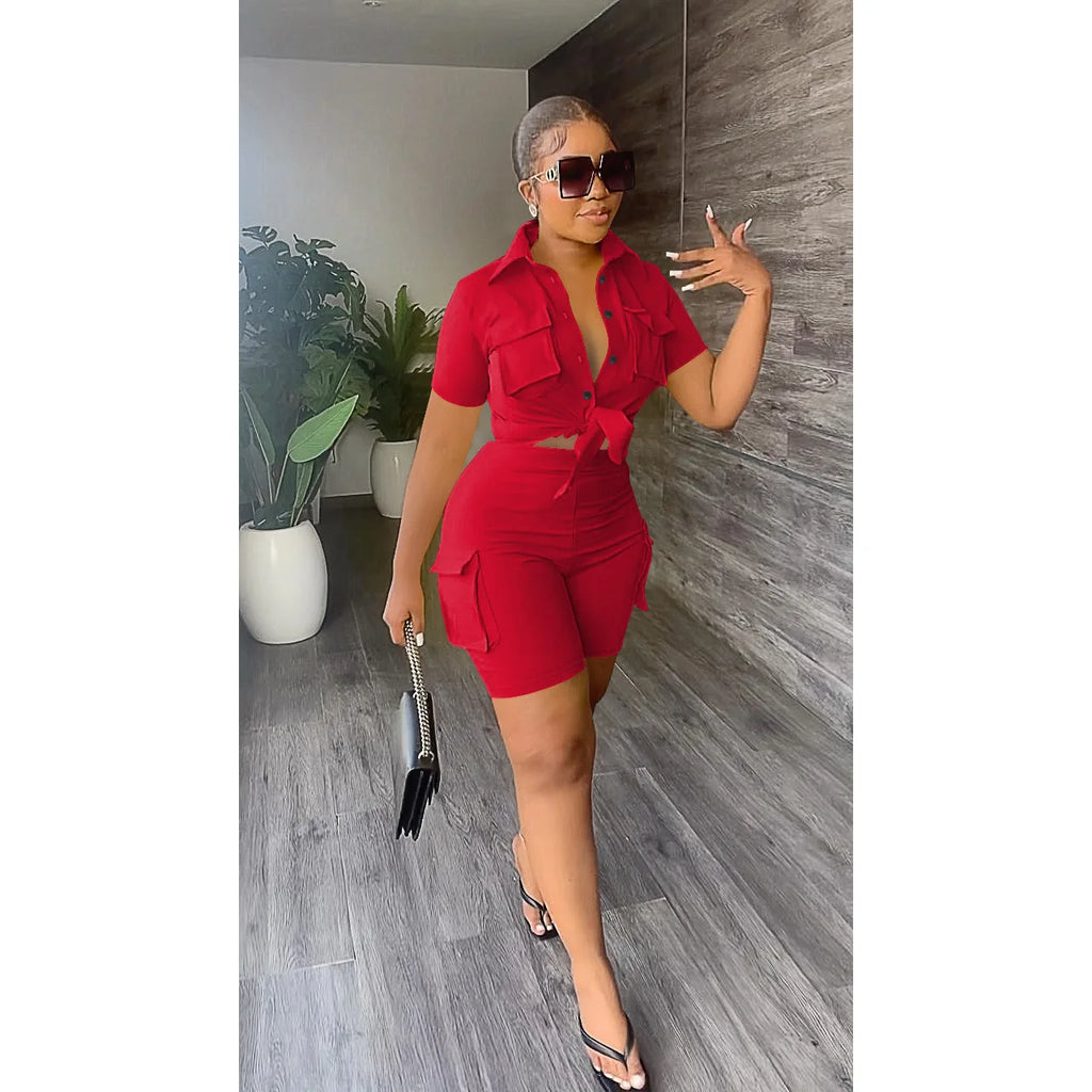 Women Shorts Two Piece Set Turn Down Collar Shirt Button Lace Up High Waist Short Sets Pockets Elegant Lady Streetwear Suit