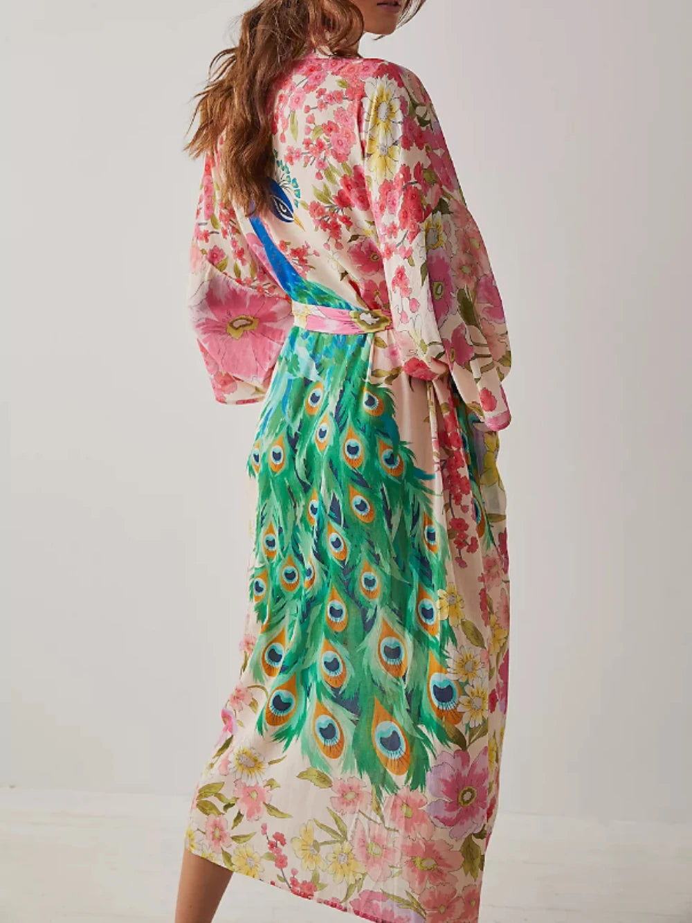Happie Queens Women Peacock Floral Print Bat Sleeve Beach Bohemian Kimono Robe Ladies V Neck Summer Bikini Boho Cover-ups