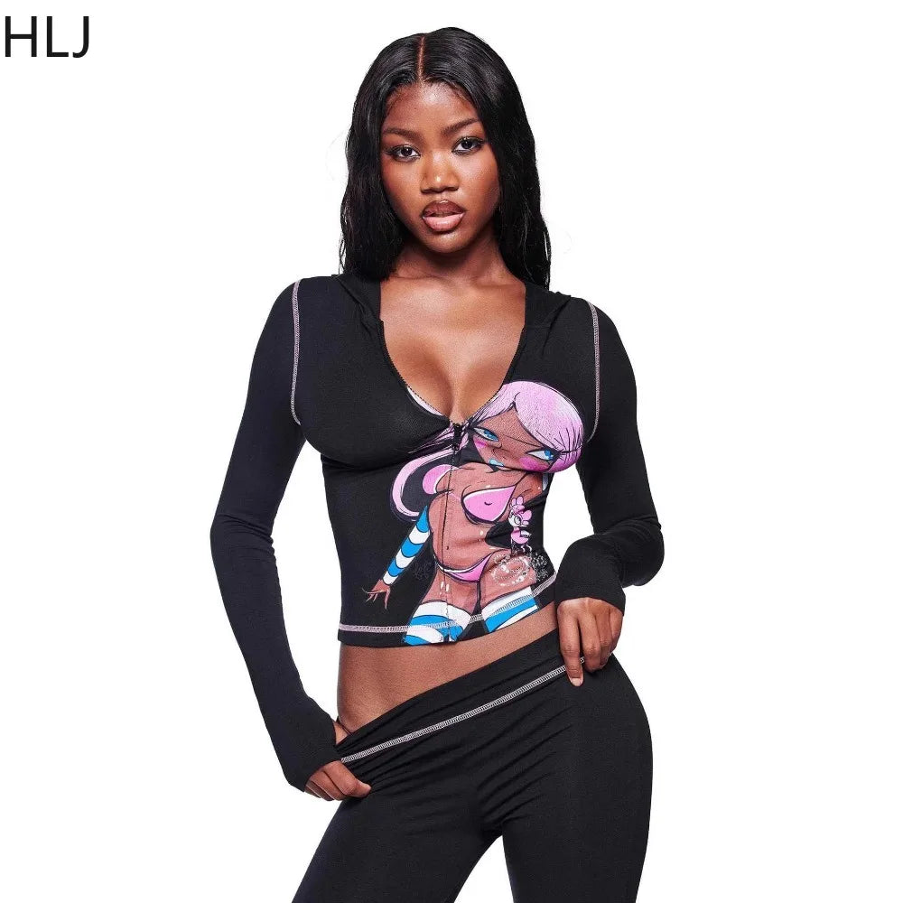 HLJ Y2K Trend Fashion Pattern Print Hooded Two Piece Sets Women Zip Long Sleeve Slim Crop Top + Skinny Pants Outfits Streetwear