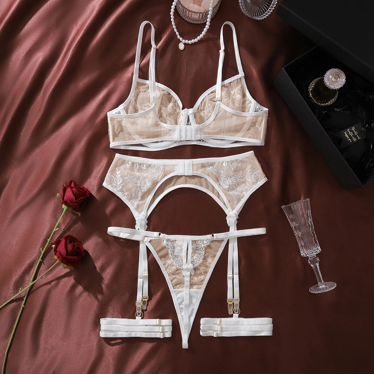 MUZISKAT 4 Piece Set Flower Embroidery Underwear Set For Women Solid Color Mesh See-through Sexy Lace Garters Underwear Set New