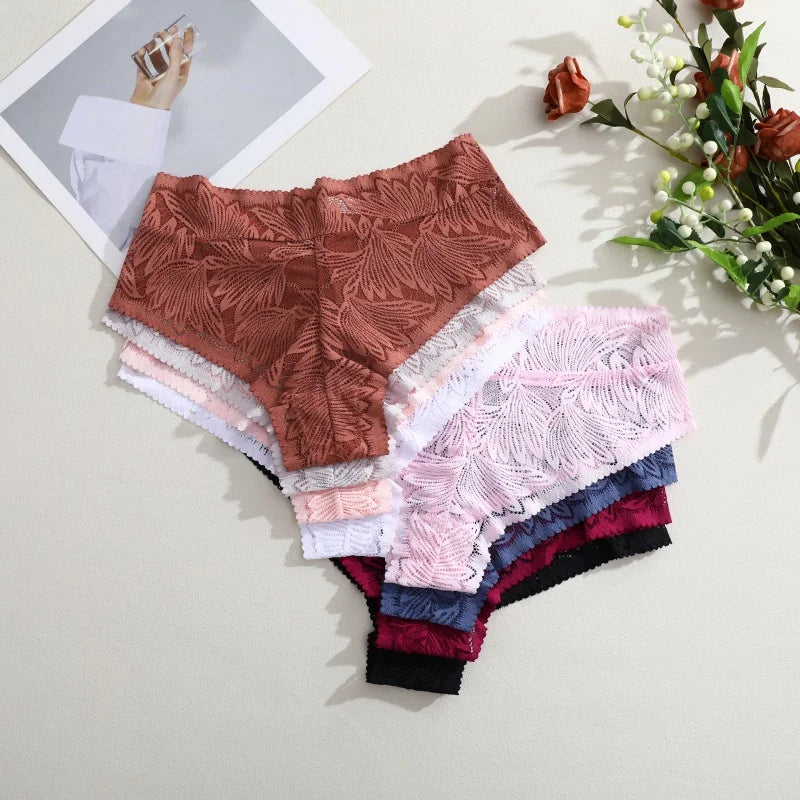6pcs Women's Sexy Lace Panties Seamless High Waist Transparent Briefs Solid Color Hollow Breathable Female Underwear Large size