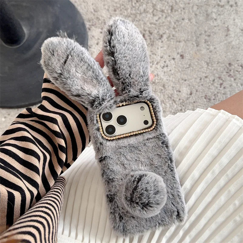 3D Cute Rabbit Ears Warm Furry Plush Bunny Phone Case For iPhone 17 Air 16 15 14 13 12 11 Pro Max XS XR X Plus Shockproof Cover