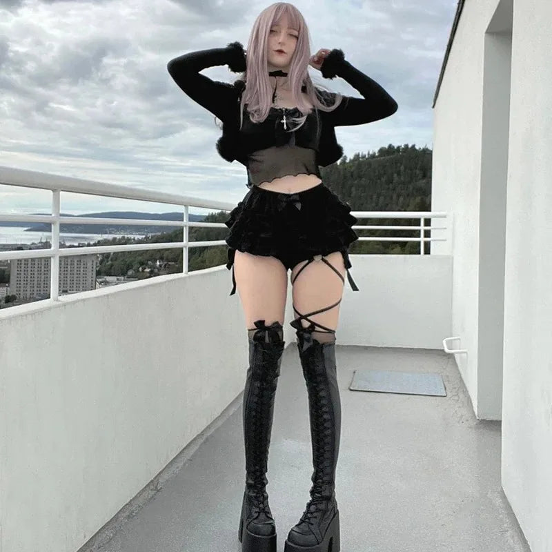 Hotsweet Shorts Women Aesthetic Y2k E-girl Cute Sweet Fairycore Grunge Lace Bow Patchwork High Waist Shorts