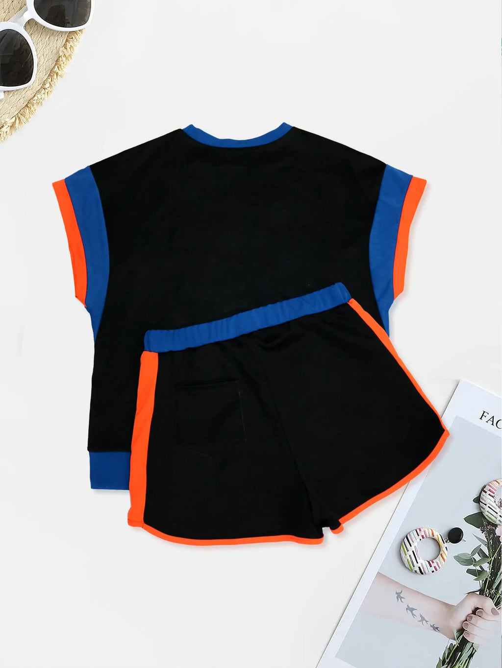 New Patchwork Casual Sporty 2 Piece Sets Women 2025 Summer Trend O-Neck Short Sleeve Tops And Shorts Matching Fitness Tracksuits