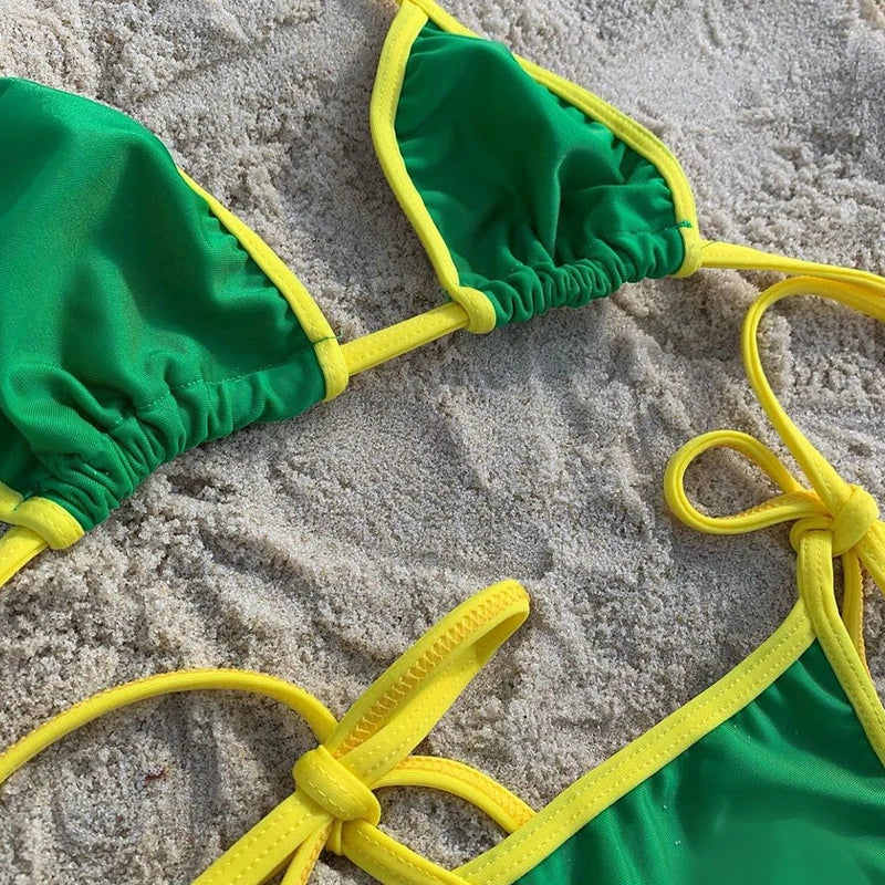 Sexy Green Halter Mini Micro Thong Bikini Female Swimsuit Women Swimwear Two-pieces Bikini Set Bather Bathing Suit Swim 2024