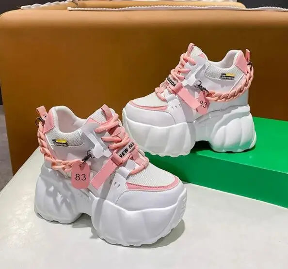 NEW Breathable Mesh 10CM Chunky Sneakers for Women Non Slip High Platform Sports Dad Shoes Woman Lace Up Thick Sole Casual Shoes