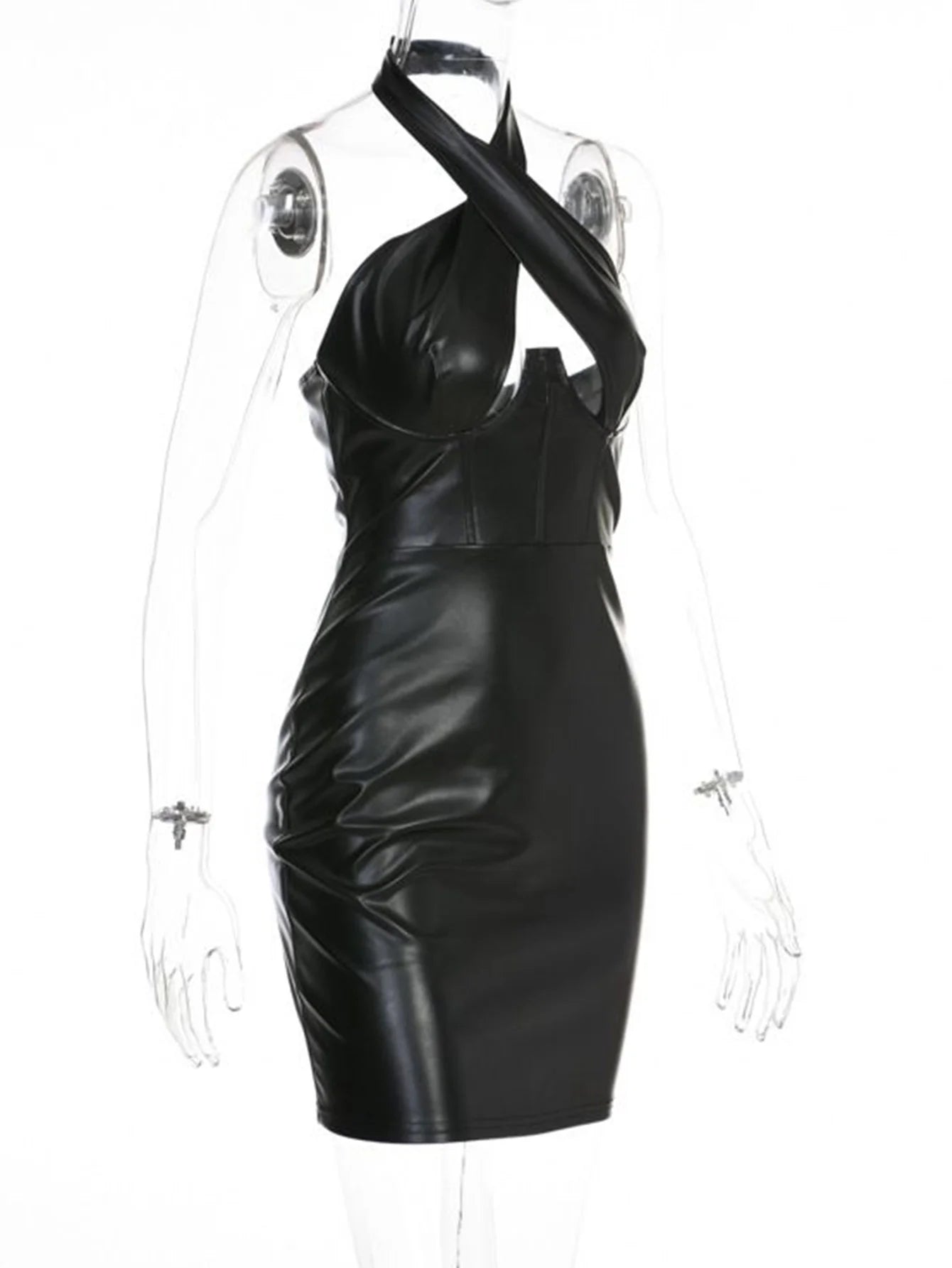 Sexy backless black corset leather summer dress women 2026 halter club birthday party dress woman PU mini bodycon dress vestidos