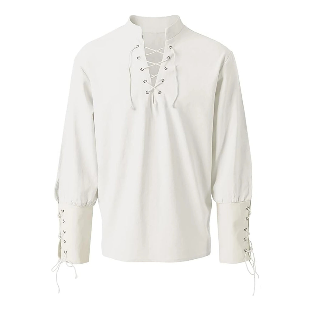 Men's Medieval Shirt Vintage Victorian Lace Up Long Sleeve Shirts Cotton Linen Cosplay Steampunk Black White Renaissance Blouse
