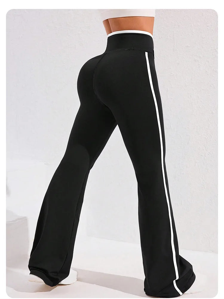 Side Stripe Flared Yoga Pants Women Cross Waist High Rise Butt Lifting Wide Leg Outdoor Slim Fit  Wicking Sportswear