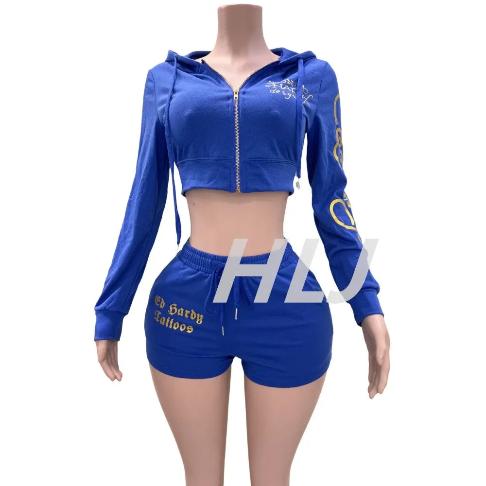 HLJ&GG Fashion Y2K Pattern Print Hooded Two Piece Sets Outfits Women Zipper Long Sleeve Crop Top And Shorts Tracksuit Streetwear