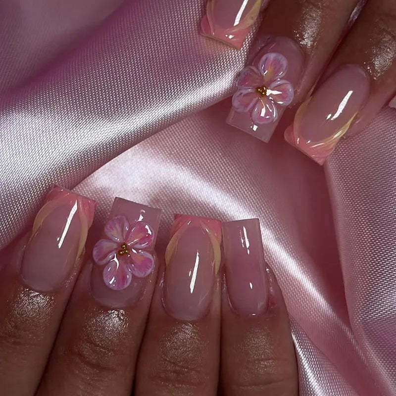 24Pcs Medium Coffin Square Fake Nail with Pink Flower Designs Wearable French Fashion False Nails Ballet Finished Stick on Nails