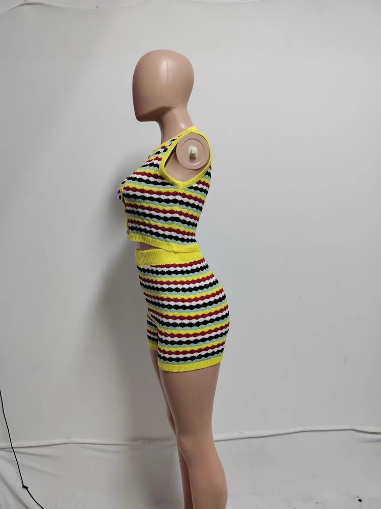 Sexy 2 Piece Shorts Set Women Outfit Knitted Striped Tank Top and Short Suits 2025 Summer Casual Vacation Sets Y2k Tracksuit