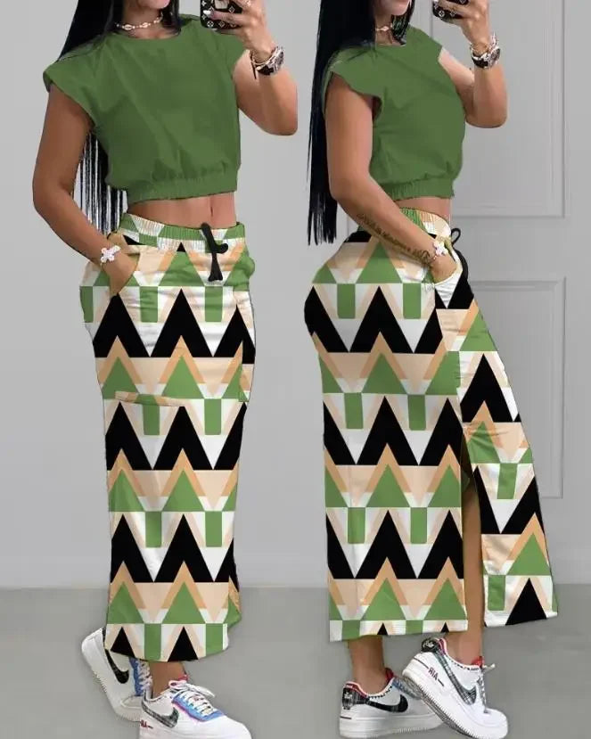 2025 Summer Two Piece Sets Women Outifit Fashion Print Colorblock O-Neck Short Sleeve Crop Top & Casual Striped Pocket Skirt Set