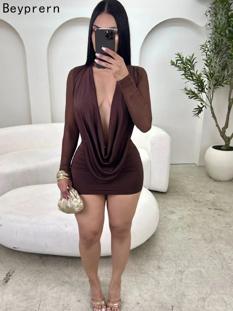 Beyprern Sexy Deep V Neck Backless Mini Dress Women Elegant Long Mesh Sleeve Bodycon Party Dresses Drape Clubwear Vestidos
