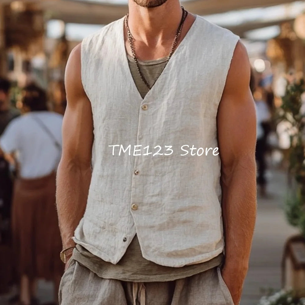 Thin Working Vest Veston V-neck Gilet Men Linen Fashion Suit Single-breasted Vests Man Casual Waistcoat for Man Suits Blazer