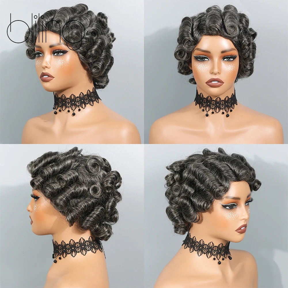 Salt and Pepper Pixie Cut Human Hair Wigs for Women Gray Hair Black Mixed With 60#Color for Daily Use Glueless Loose Wave Wigs