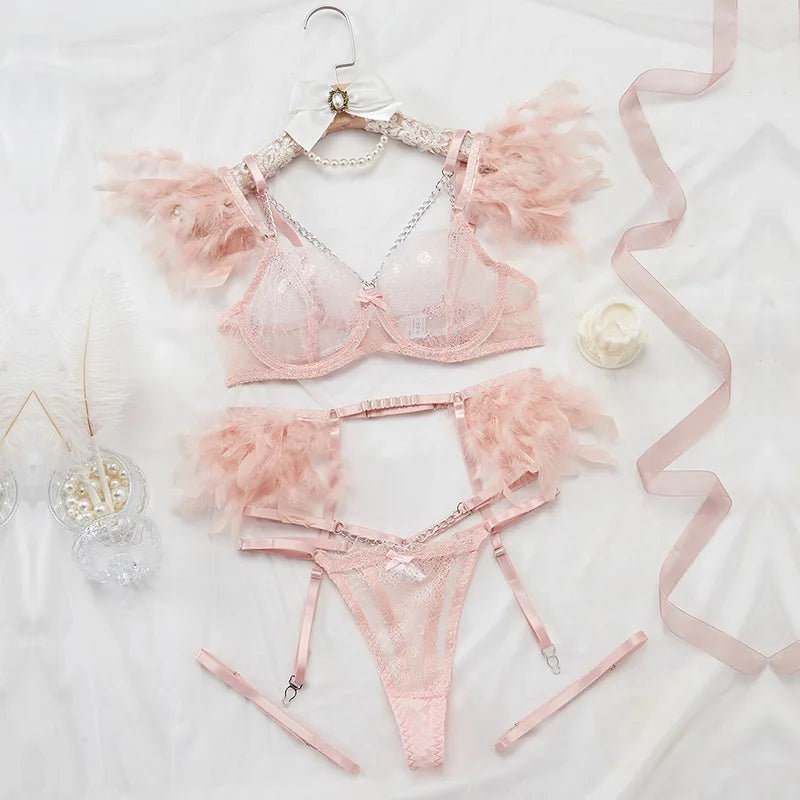 Sexy Lace Lingerie Set with Feather Women's Chain Perspective Underwear Garters Exotic Apparel Suit Female Solid Transparent Bra