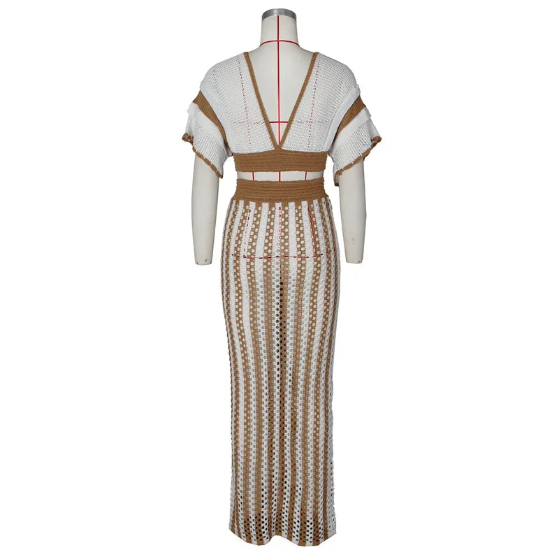 Striped Knitted Two Piece Set Women Outfit Y2K Clothes Clubwear Party Hollow Out V-neck Crop Top and Long Skirt Maxi Dress Sets