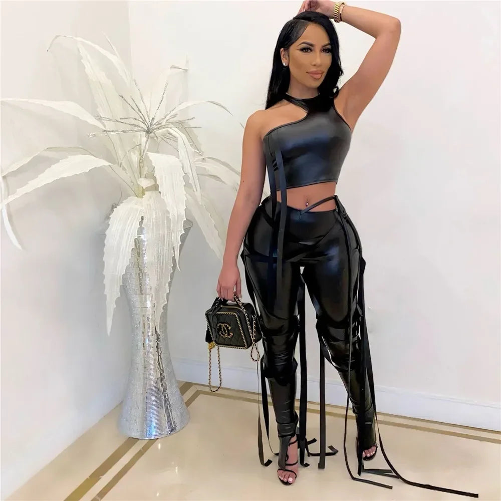 Sexy PU Faux Leather Two Piece Set for Women Matching Sets Y2K Party Club Crop Top and Ribbons Pants 2 Piece Sets Women Outfit