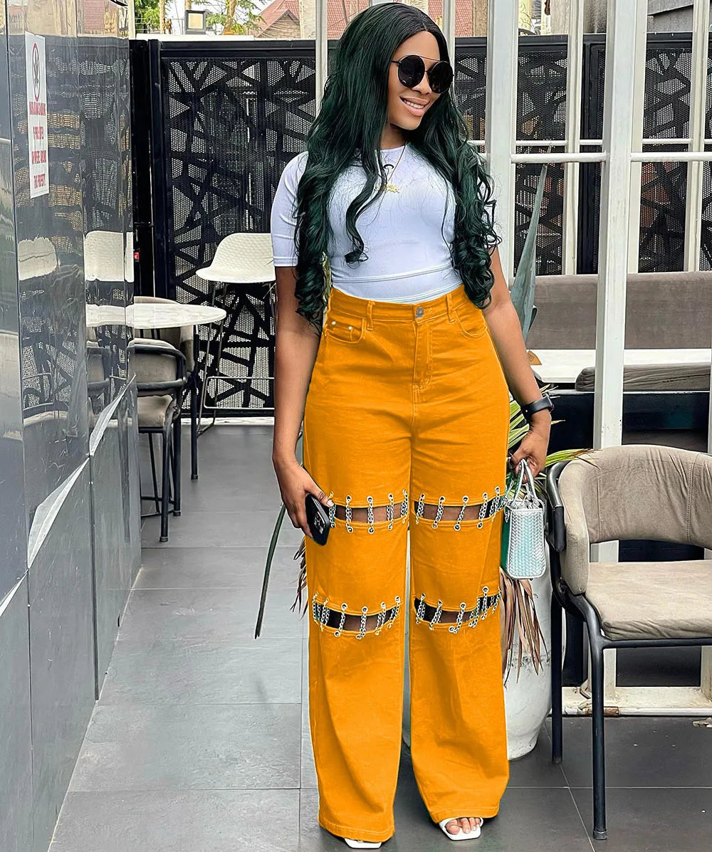 High Waist Green Ripped Chain Decoration Patchwork Wide Leg Denim Pants Women Fashion Casual Personality Trendy Long Trousers