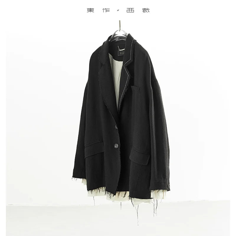 Custom Fabric Designer Style~Mysterious Black Blazer, Faux Two-Piece Fringed Oversized Jacket, Women's Casual Loose Top, New Spring 2026 Collection