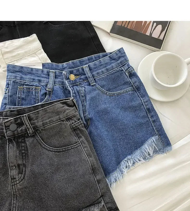 2026 New Summer Women High Wiast Raw Hem Denim Shorts Soild White Black Blue Korean Wide Leg Pants Mon Shorts  Jean Shorts