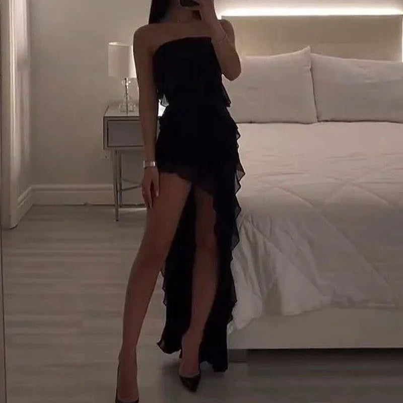 Sexy Strapless Tube Long Dress Summer Women Sleeveless Backless Irregular Layered Ruffled Tassels Skirt Y2K Fashion Slim Dresses
