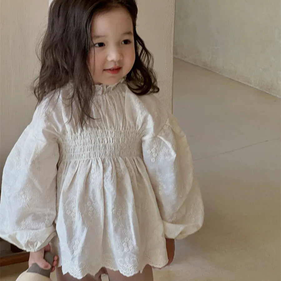 deer jonmi 2026 Spring New Korean Style Toddlers Kids Lace Embroidery Blouses Lantern Sleeve Tops Children Princess Shirts