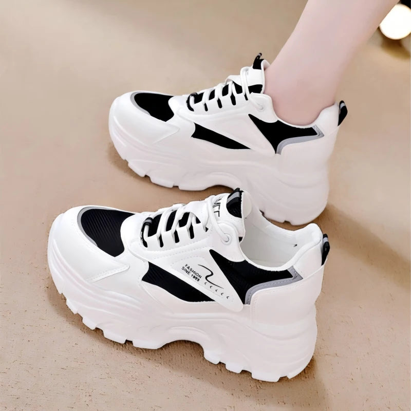 Women's Comfortable Chunky Dad Shoes Mesh Breathable Hidden Height Increasing Platform Sneakers Casual Lace-Up Sport White Shoes