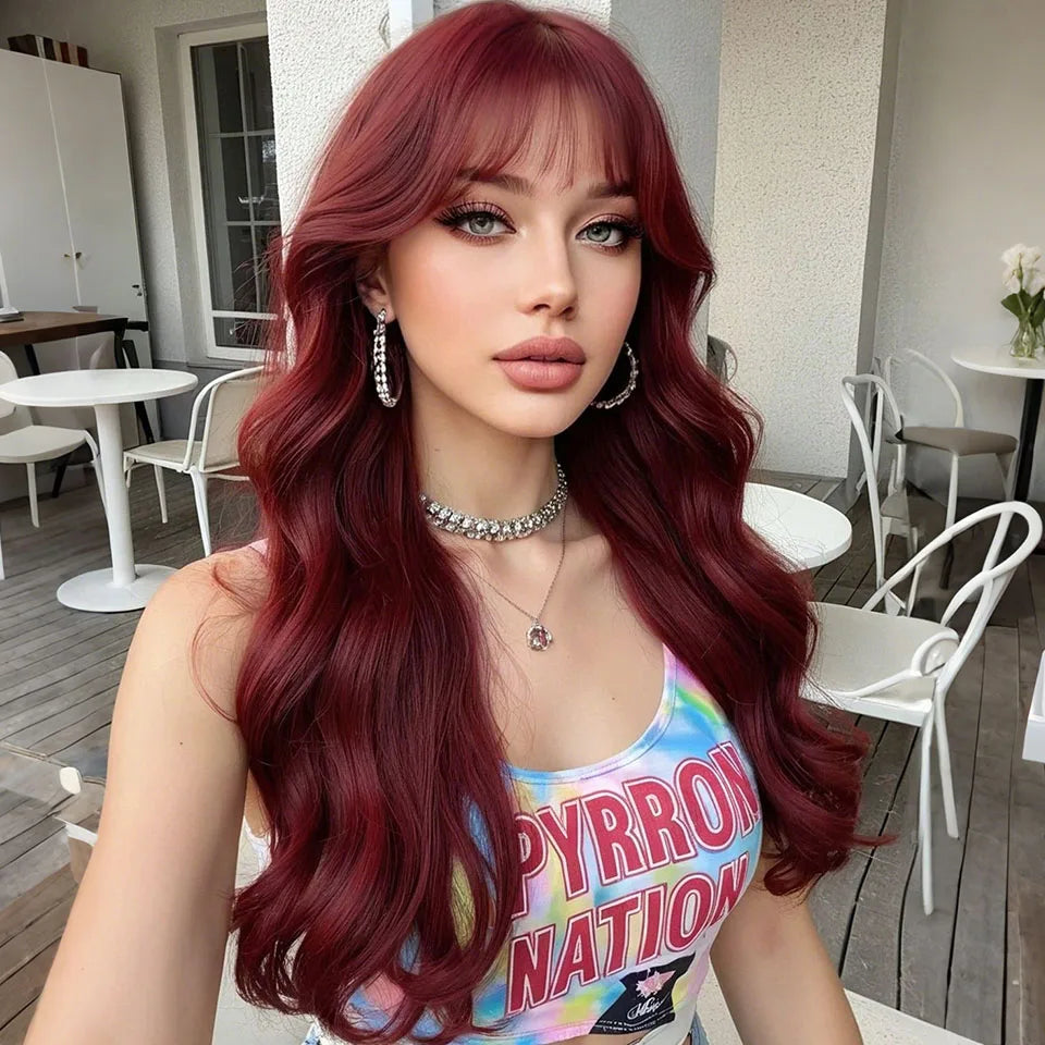 Lekker Burg Red Long Deep Wavy 100% Human Hair Wigs With Bangs For Women Brazilian Remy Hair Glueless Cosplay Colored Wigs