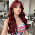 Lekker Burg Red Long Deep Wavy 100% Human Hair Wigs With Bangs For Women Brazilian Remy Hair Glueless Cosplay Colored Wigs