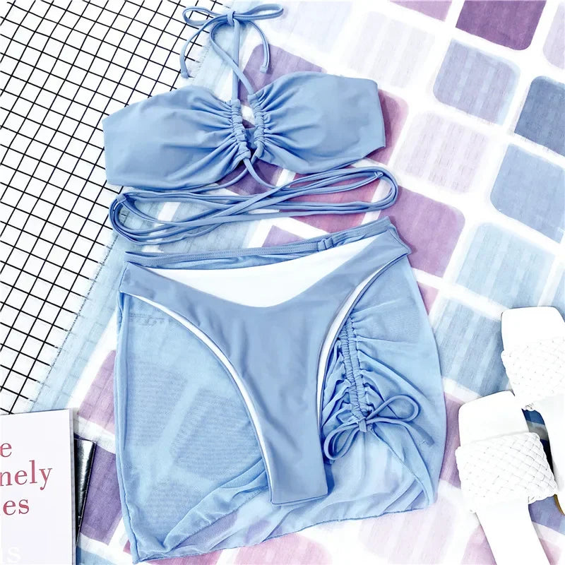 3 Pieces Cross Halter Bikinis Set 2025 Skirt Swimwear Women High Waist Drawstring Bandage Swimsuit Summer Biquini