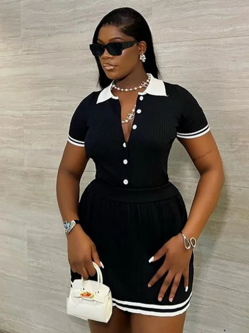 Fashion Knitting 2 Piece Sets Women Outfits Summer Clothing Women 2026 Polo-Neck Top Mini Skirt Suit Casual Knitted Dress Sets