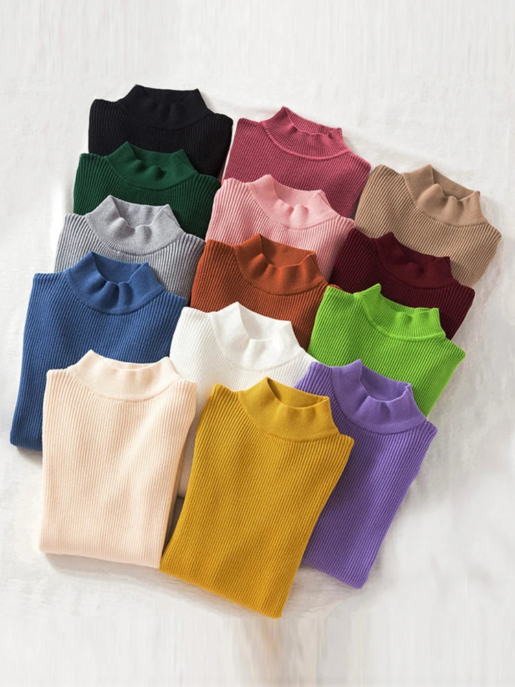 Autumn Winter Women Pullover Sweater Fashion Half Turtleneck Knitted Female Jumper Long Sleeve Winter Soft Elastic Tops