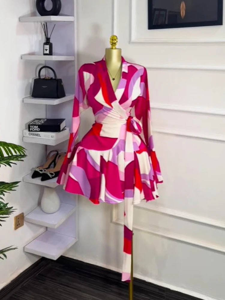 Elegant Women Tie Dye Print Flare Long Sleeve Wrap V-neck with Sashes Ruffle Dress 2026 Elegant Vacation Party Birthday Dresses