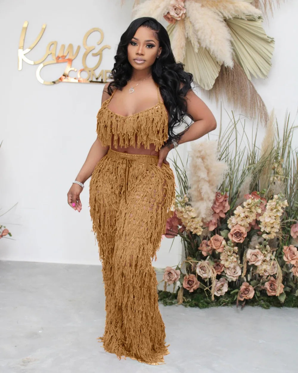 FAGADOER Sexy Hollow Out Tassels Pants Two Piece Sets Women Halter Sleeveless Backless Crop Top + Pants Outfit Female Streetwear
