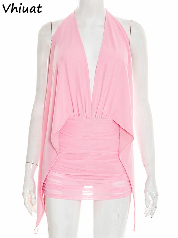 Vhiuat Women Casual Backless Bodycon Mini Dress Club Party Sleeveless Halter Pink Elegant Sexy Short Dress Vestidos Spring 2026