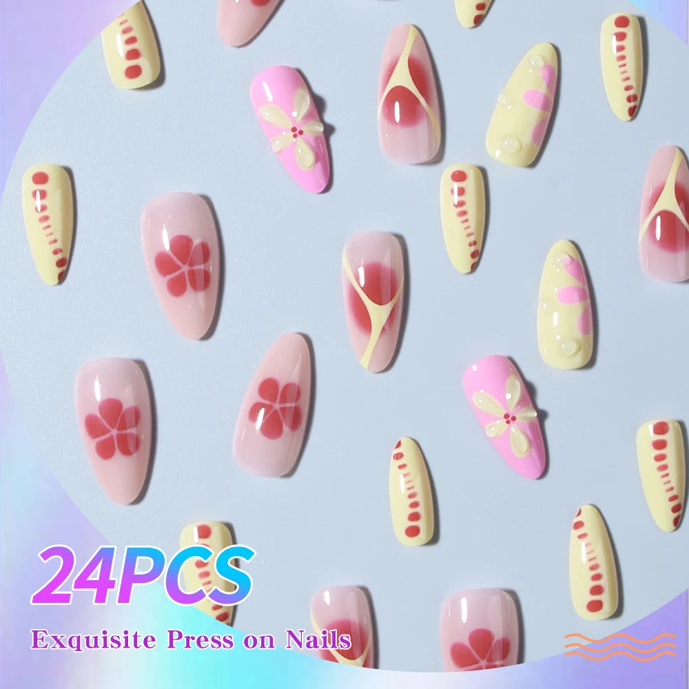 24 pcs  long almond French press on nails,3D gel  flower manicure design, summer manicure, suitable for women and girls to wear