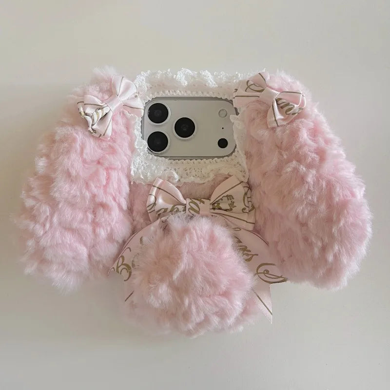 Plush Cute pink blue rabbit  Phone Case for IPhone17 16 15 14 13 Pro Max Soft Silicone Warm Fur Anti-drop luxury Back Cover