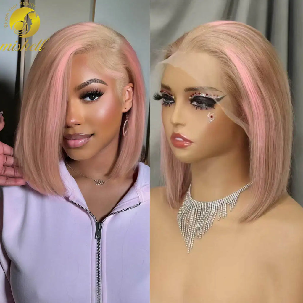 Pink Bob Wig Human Hair Wigs 250% 13x4 Transparent Lace Front Double Drawn Bone Straight Colored Bob Wigs for Black Women