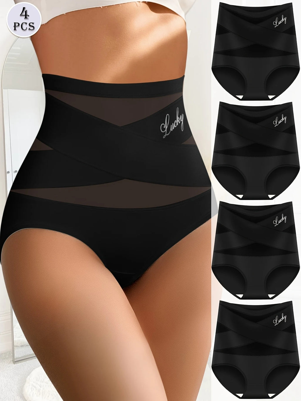 4-Pack High-Waisted Tummy Control Women'S Briefs, Breathable Mesh, Crossed Compression Fiber, Seamless Shaping Underwear,