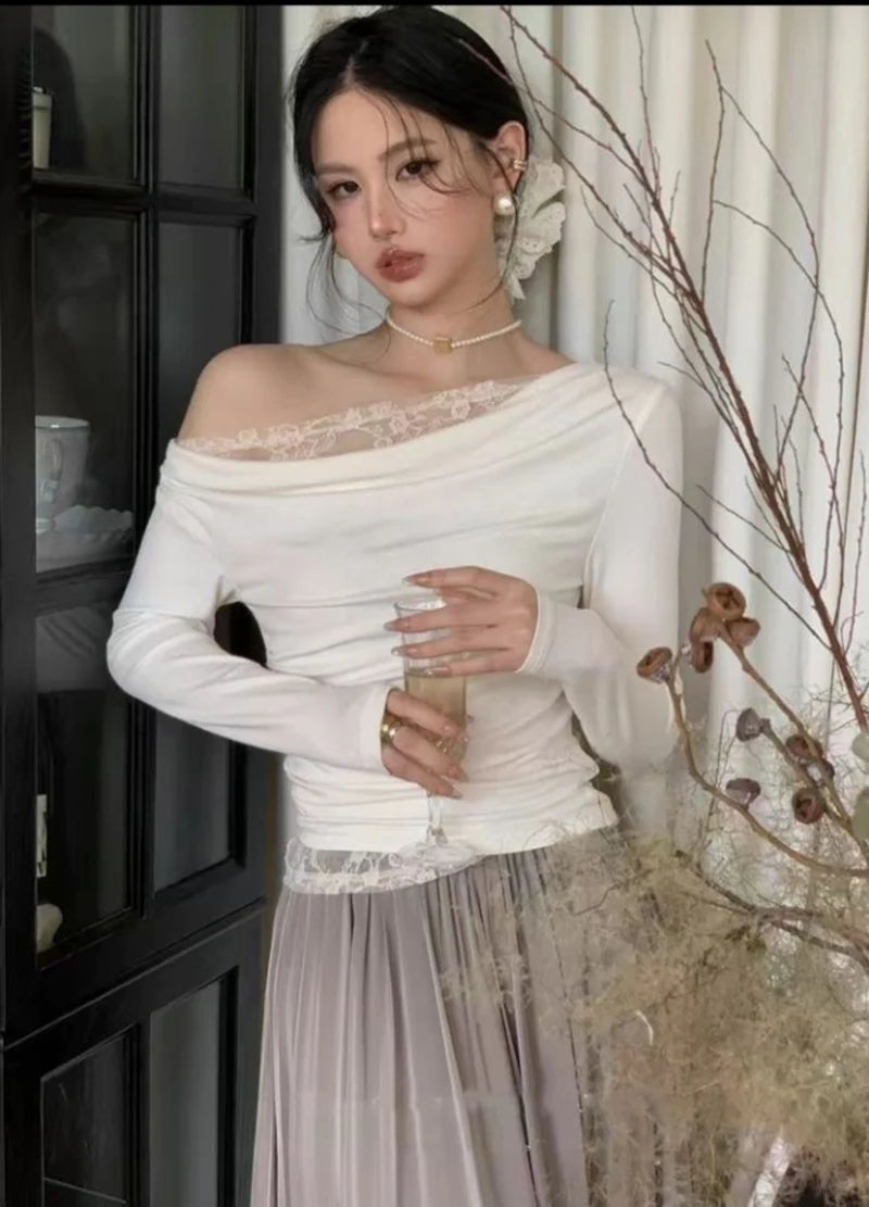 Lace Patchwork Sexy Slash Neck Blouse Slim Solid Long Sleeve Chic Shirt Chic Harajuku Elegant Commuter Office Lady Tops