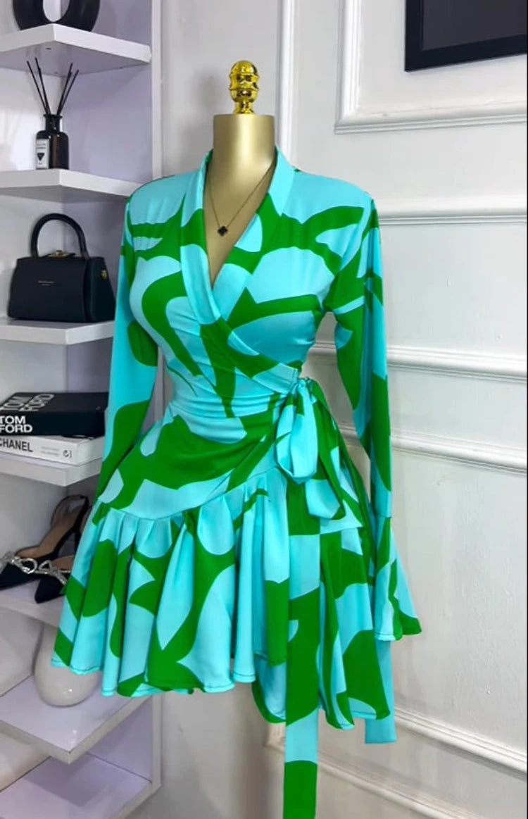 Elegant Women Tie Dye Print Flare Long Sleeve Wrap V-neck with Sashes Ruffle Dress 2026 Elegant Vacation Party Birthday Dresses