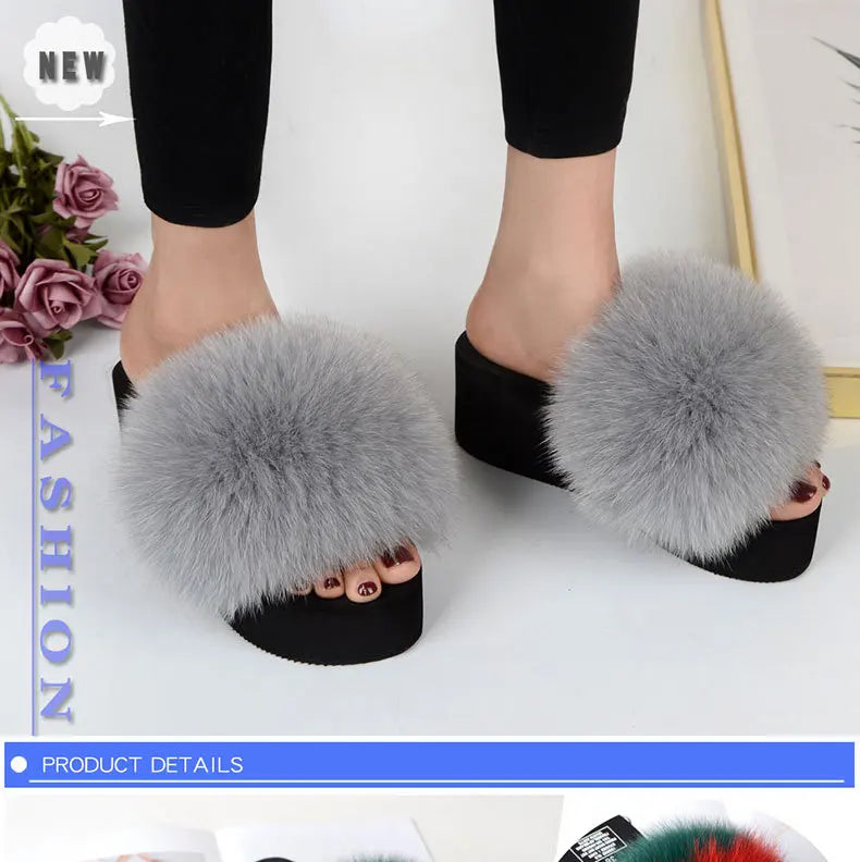 Women Fox Fur Slippers Woman Fashion Sandals Girls Casual Fur Slides 7cm Thick Sole Summer Platform Shoes Modern Slippers Wedges